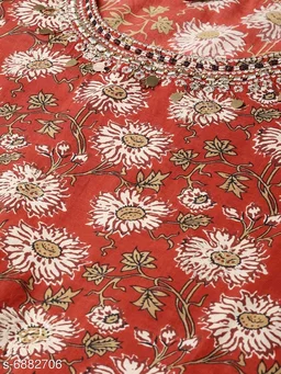Women Cotton A-line Printed Long Kurti With Palazzos And Dupatta - M