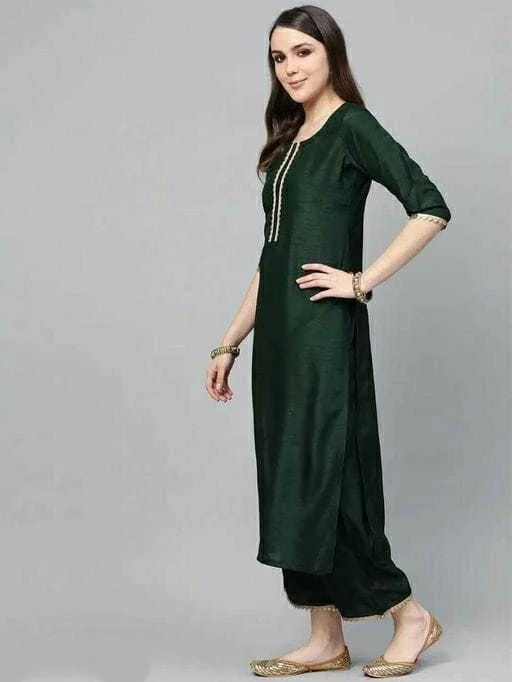 Women Rayon A-line Solid Long Kurti With Palazzos - L