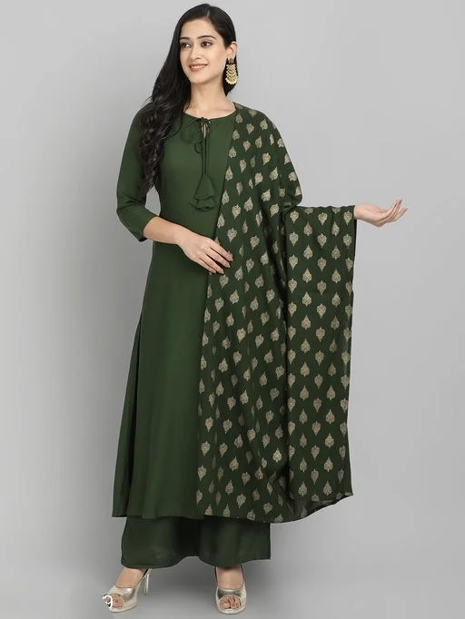 Women Rayon A-line Solid Long Kurti With Palazzos3 - M
