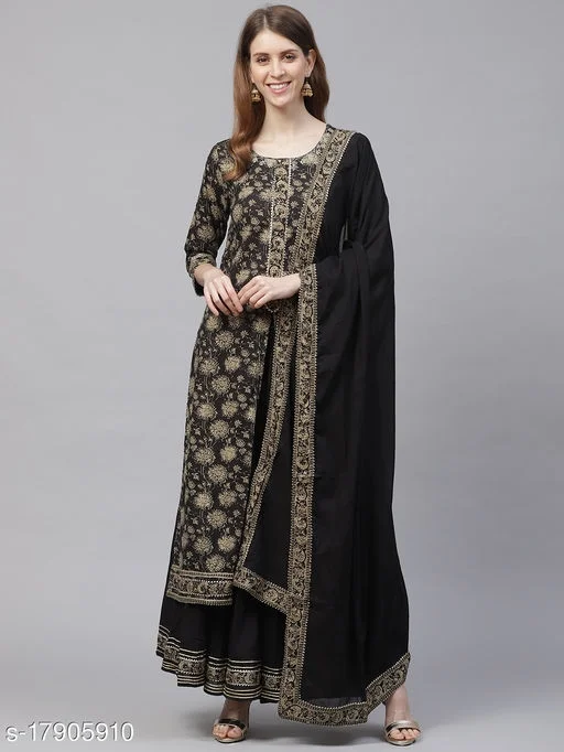 Women's Cotton Printed With Gota Patti A-Line Kurta Sharara Dupatta Set - L