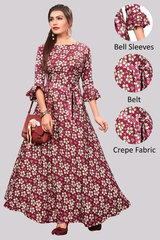 Women's Crepe Bell Sleeve Floor Length Anarkali Maxi Gown 1 - L