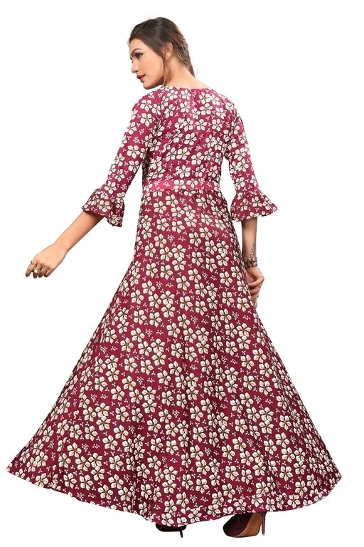 Women's Crepe Bell Sleeve Floor Length Anarkali Maxi Gown 1 - L