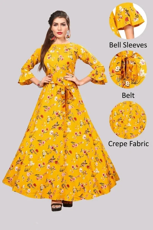 Women's Crepe Bell Sleeve Floor Length Anarkali Maxi Gown 5 - S