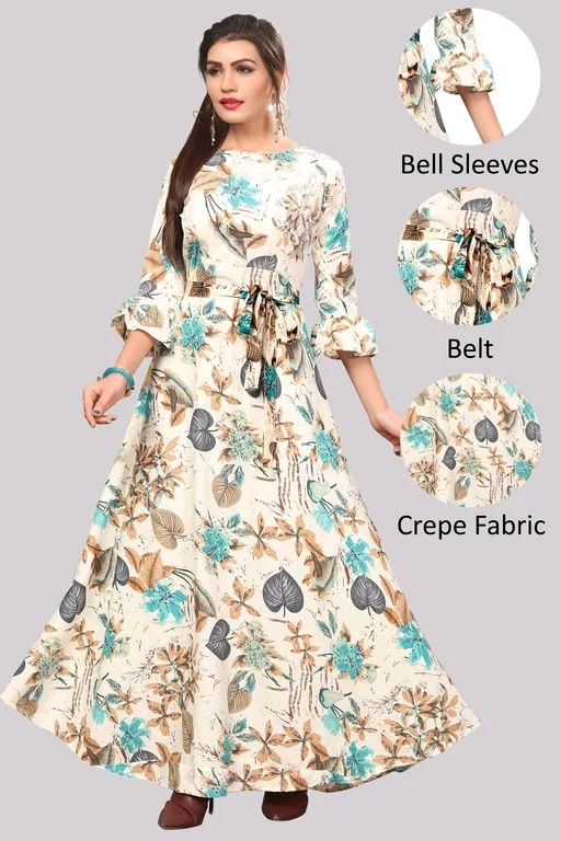Women's Crepe Bell Sleeve Floor Length Anarkali Maxi Gown 3 - L