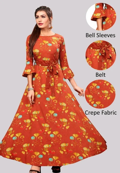 Women's Crepe Bell Sleeve Floor Length Anarkali Maxi Gown 4 - S