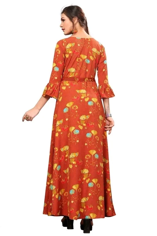 Women's Crepe Bell Sleeve Floor Length Anarkali Maxi Gown 4 - S