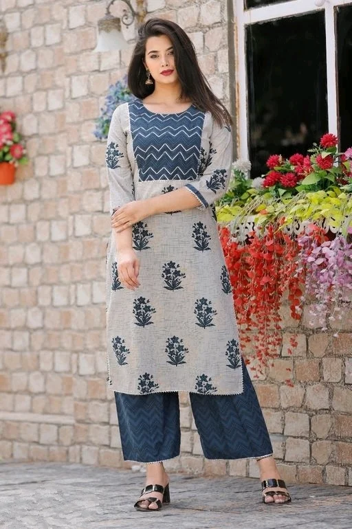 Women's Embroidered Cotton Kurta Palazzos Set - XXL