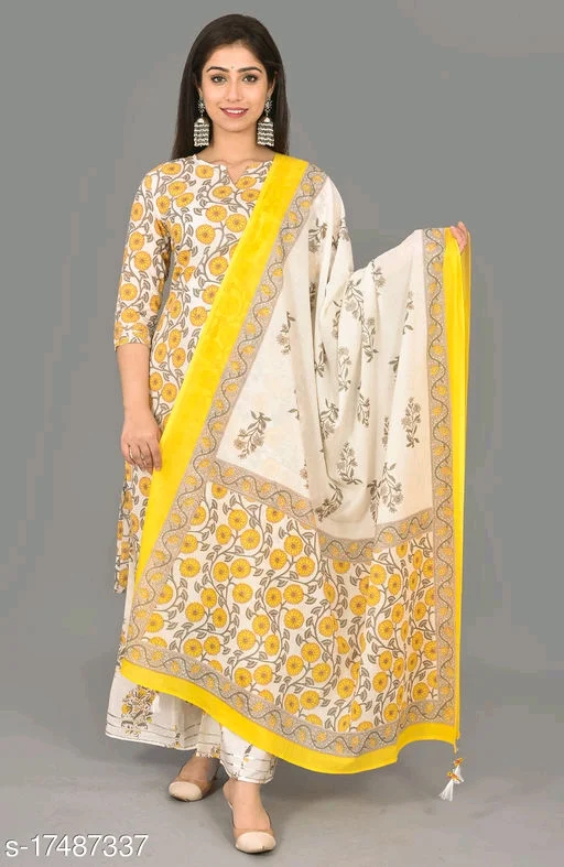 Women's Jaipuri Block Print Cotton Kurta Pant set with Chiffon Dupatta Readymade Dress Suit - M