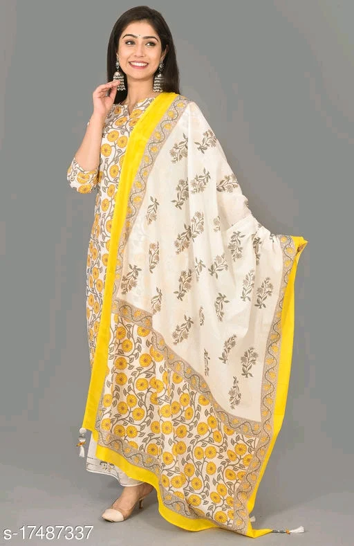 Women's Jaipuri Block Print Cotton Kurta Pant set with Chiffon Dupatta Readymade Dress Suit - XL