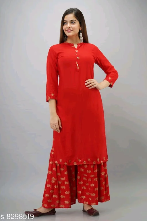 Women's Solid Rayon Slub Kurta with Sharara - XL