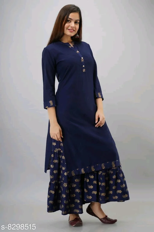 Women's Solid Rayon Slub Kurta with Sharara2 - L