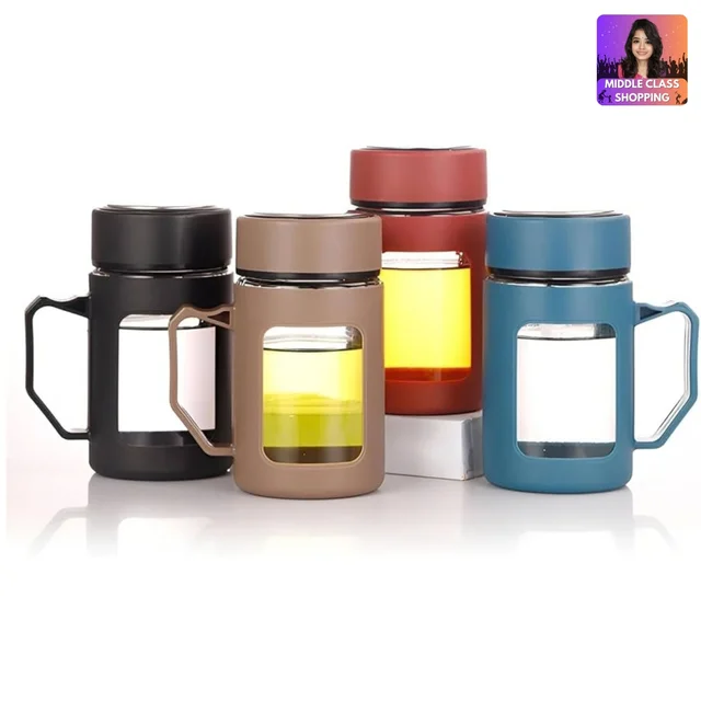 High Quality Multicolored Cute Corporate Mug Glass Bottles With Handle And Thick Plastic Lamination And Best Gift MC950