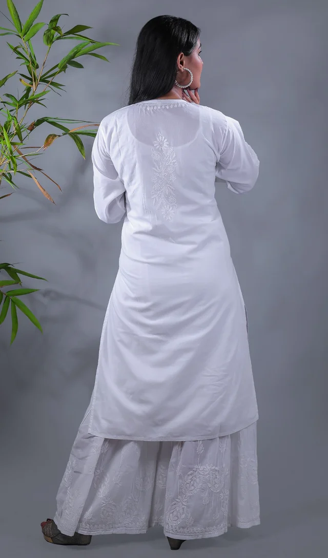 White Chikankari Side Pocket Style Kurti - White, L(40)