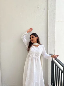 White Chikankari Mulmul Three Layer Frock - White, M(38)