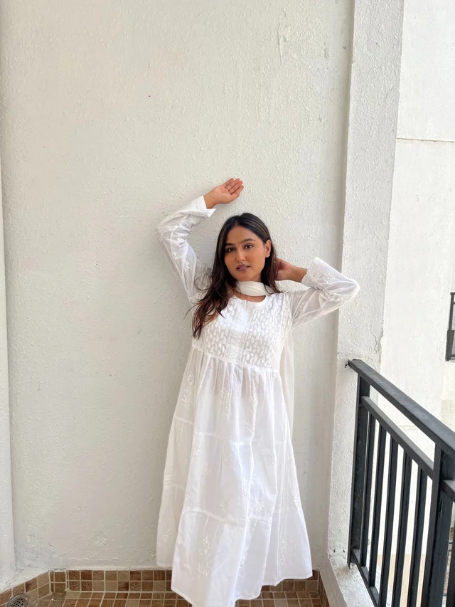 White Chikankari Mulmul Three Layer Frock - White, M(38)