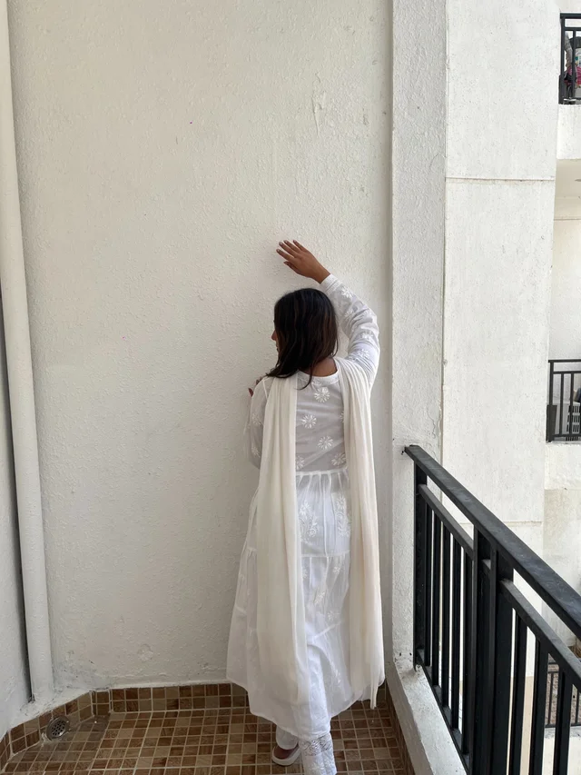White Chikankari Mulmul Three Layer Frock - White, M(38)