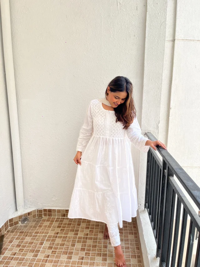 White Chikankari Mulmul Three Layer Frock - White, M(38)