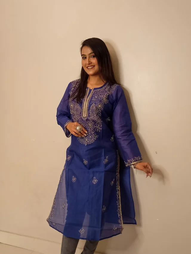 Navy Blue Chanderi Chikankari Long Kurti - Navy Blue, L(40)
