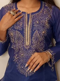 Navy Blue Chanderi Chikankari Long Kurti - Navy Blue, L(40)