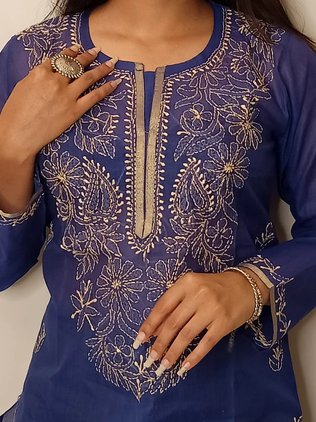 Navy Blue Chanderi Chikankari Long Kurti - Navy Blue, L(40)