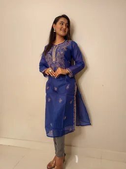 Navy Blue Chanderi Chikankari Long Kurti - Navy Blue, L(40)