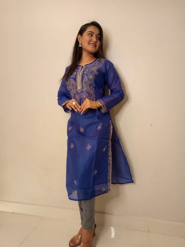 Navy Blue Chanderi Chikankari Long Kurti - Navy Blue, L(40)