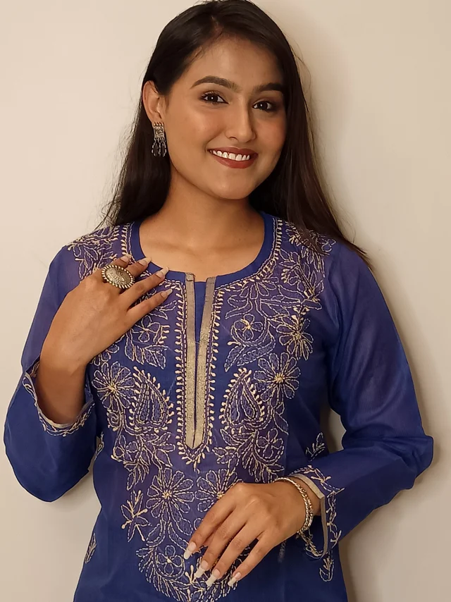 Navy Blue Chanderi Chikankari Long Kurti - Navy Blue, L(40)