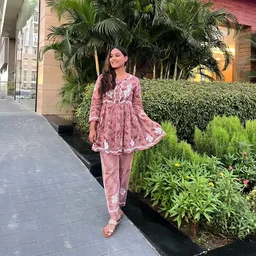 Mulprint Chikankari Coord Set(wine) - Wine, L(40)
