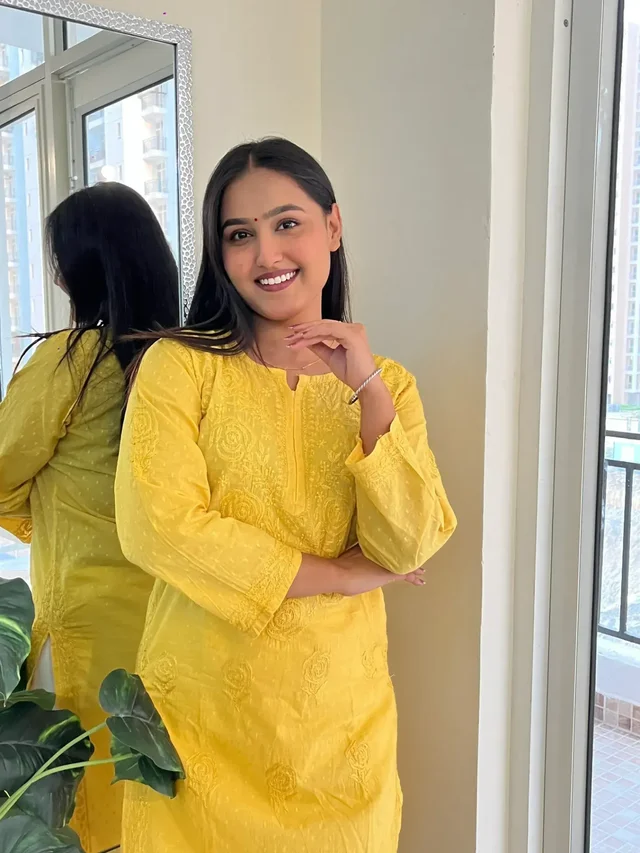 Yellow Chikankari Rose Design Straight Long Kurti - Yellow, XL(42)