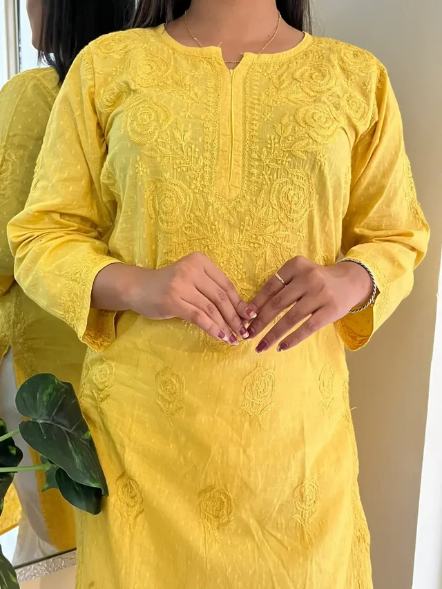 Yellow Chikankari Rose Design Straight Long Kurti - Yellow, XL(42)