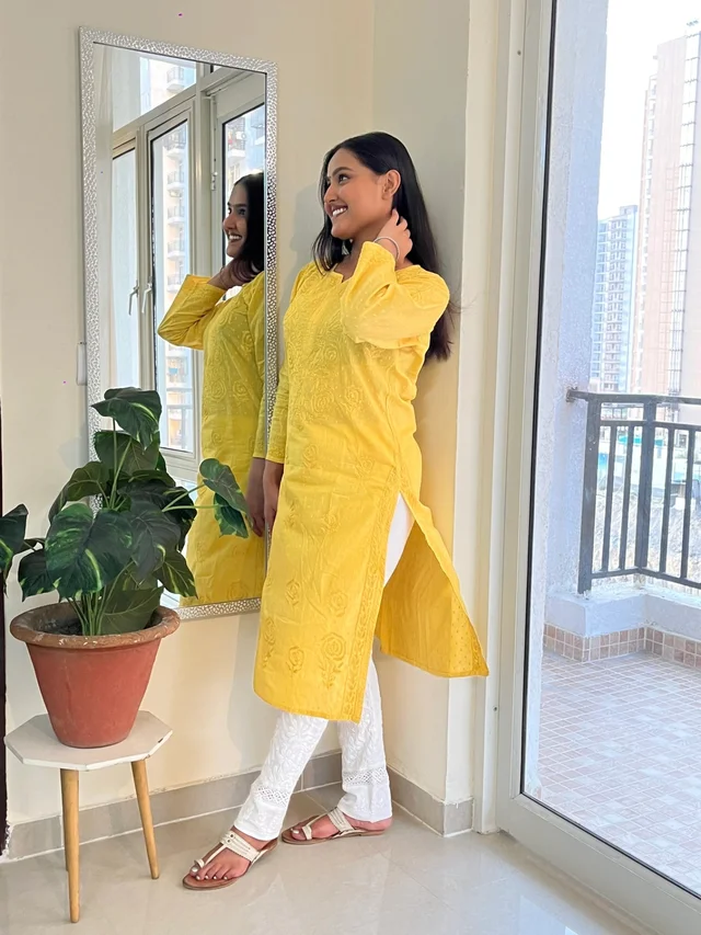 Yellow Chikankari Rose Design Straight Long Kurti - Yellow, 2XL(44)