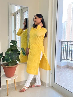 Yellow Chikankari Rose Design Straight Long Kurti - Yellow, XL(42)