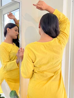 Yellow Chikankari Rose Design Straight Long Kurti - Yellow, 2XL(44)