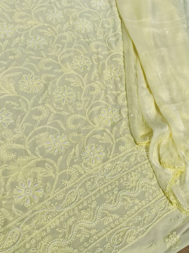 Lemon Chikankari Pure Viscose Unstiched Kurta Dupatta - Lemon Yellow