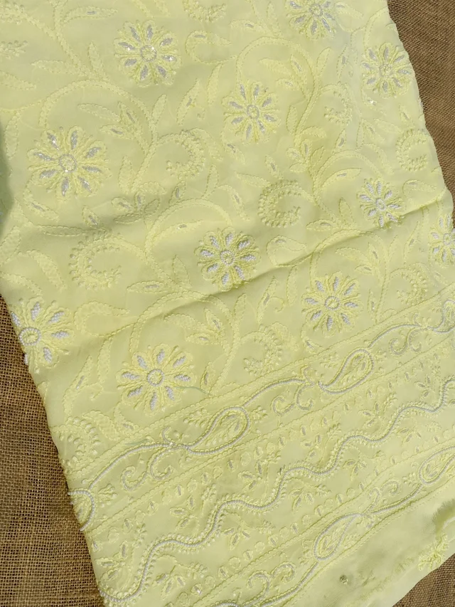 Lemon Chikankari Pure Viscose Unstiched Kurta Dupatta - Lemon Yellow