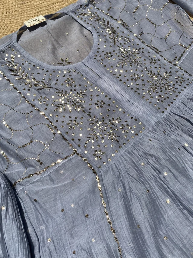 Roohani – Grey Handcrafted Mukaish Gown Set - Semi Stiched - Semi Stiched, Gray