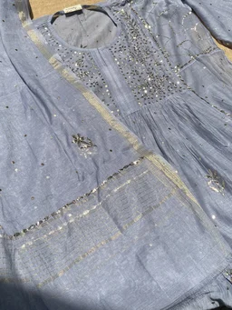 Roohani – Grey Handcrafted Mukaish Gown Set - Semi Stiched - Semi Stiched, Gray