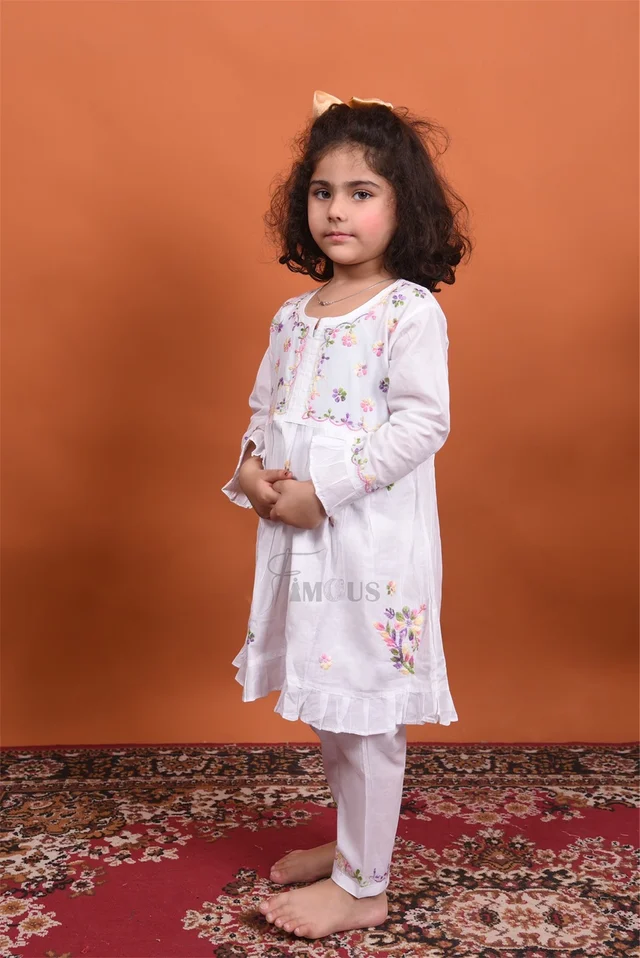 Kids White Chikankari Multy Embroidered Mulmul Sets - White, 16
