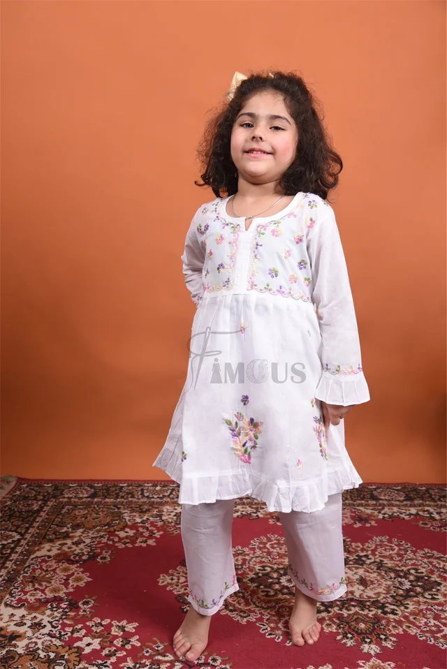 Kids White Chikankari Multy Embroidered Mulmul Sets - White, 22