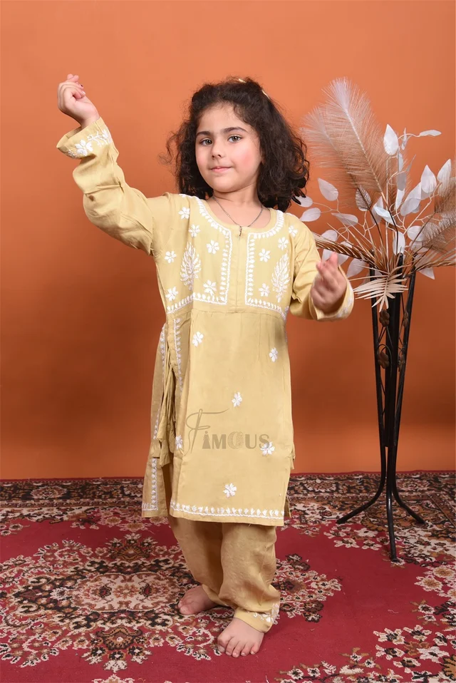 Beige Kids Chikankari Naira Style Dress - Beige, 16