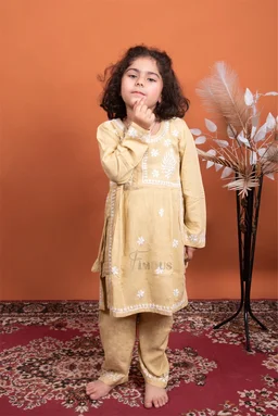 Beige Kids Chikankari Naira Style Dress - Beige, 16