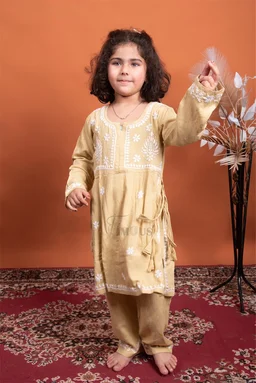 Beige Kids Chikankari Naira Style Dress - Beige, 16