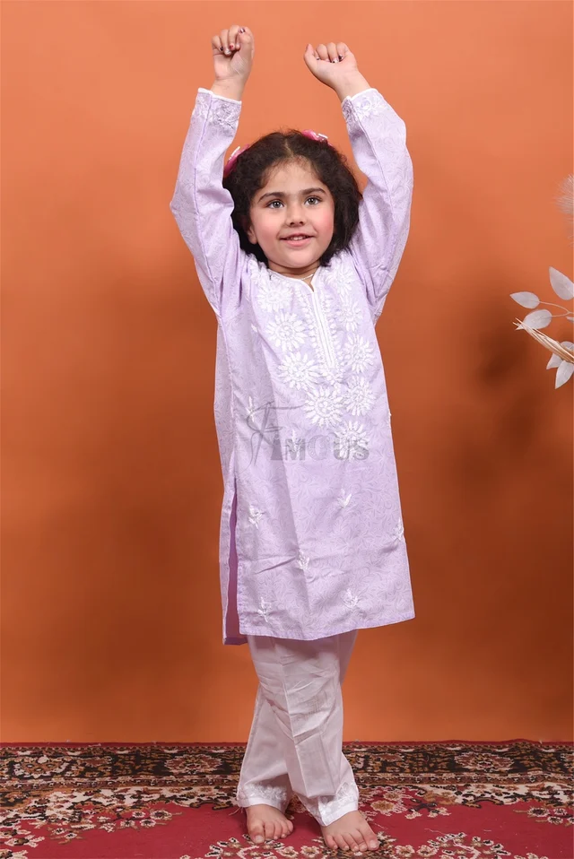 Purple Chikankari Kids Kurti Plazo Sets - Purple, 28