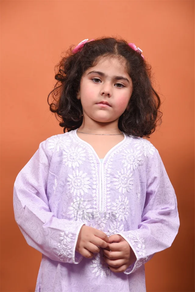 Purple Chikankari Kids Kurti Plazo Sets - Purple, 28