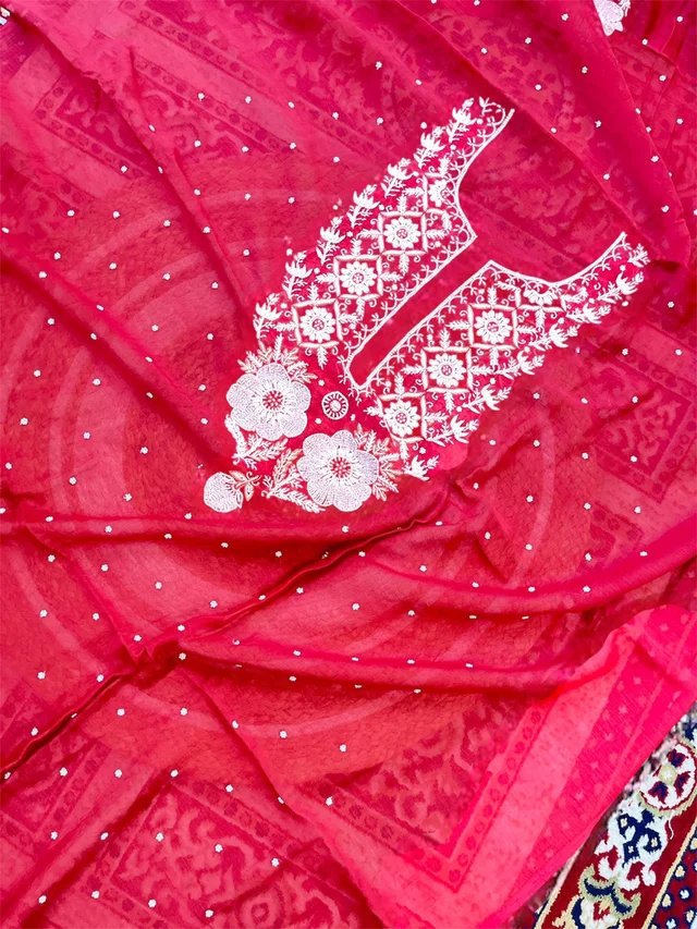 Maroon Chikankari Unstiched MulChanderi Dress Material - Maroon, Unstiched
