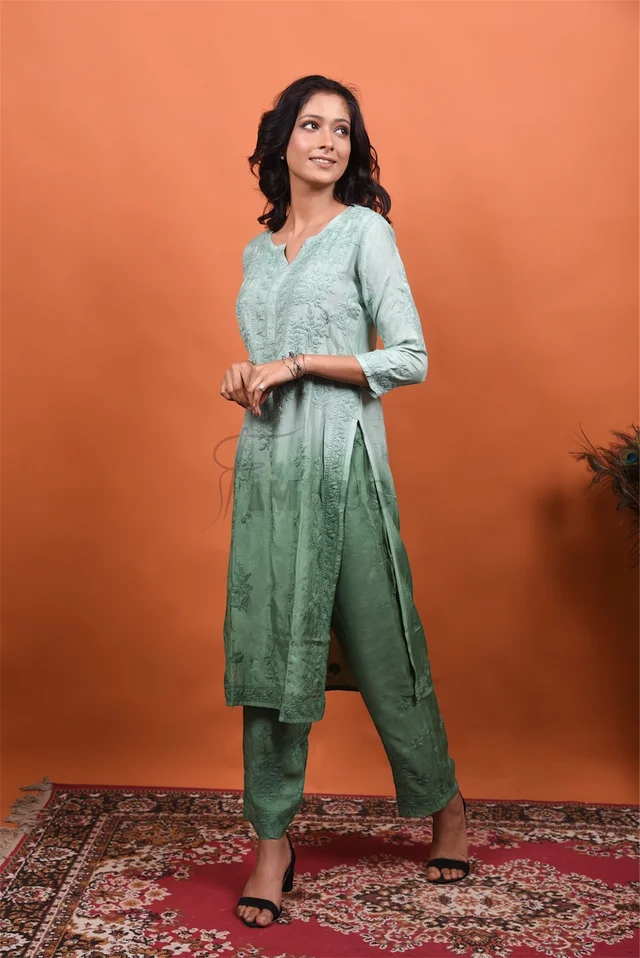 Mint Green Muslin Chikankari Kurti Plazo Set - Mint Green, L(40)