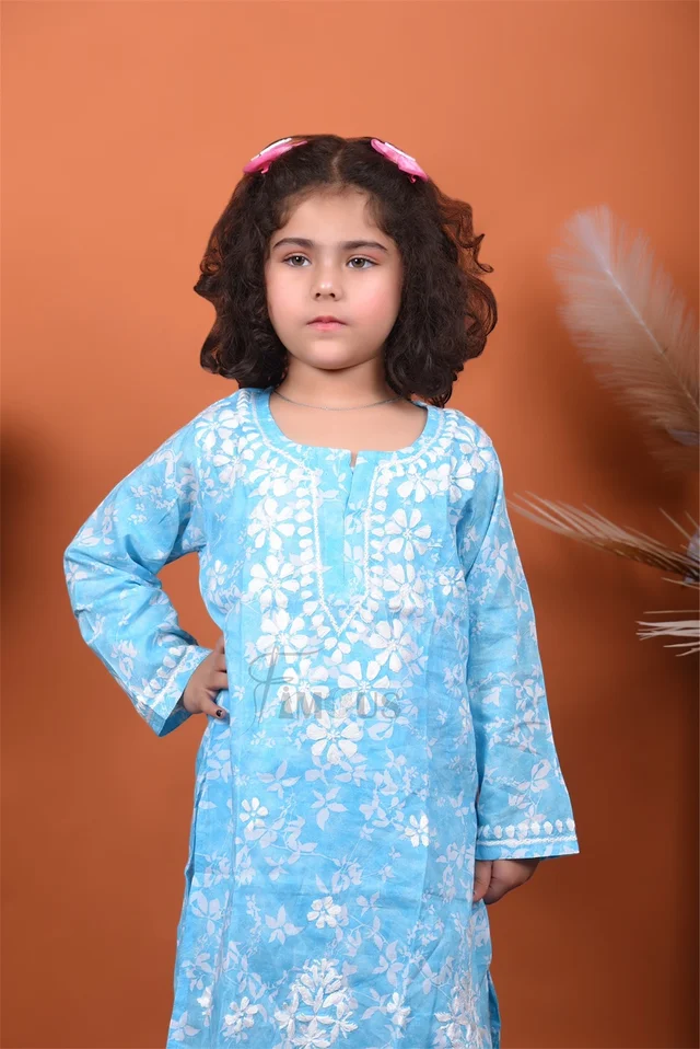 Blue Mulmul Print Chikankari Kids Dress - Blue, 26