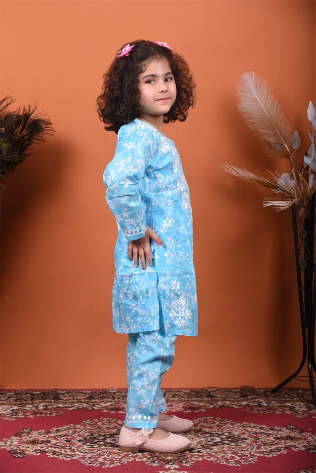 Blue Mulmul Print Chikankari Kids Dress - Blue, 26