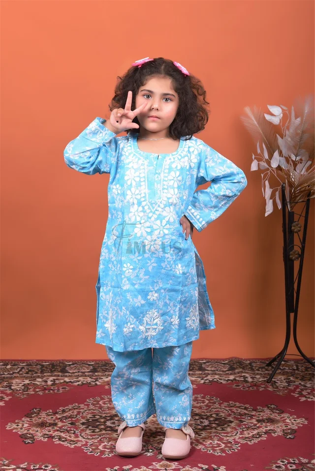 Blue Mulmul Print Chikankari Kids Dress - Blue, 28