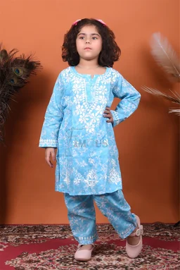 Blue Mulmul Print Chikankari Kids Dress - Blue, 28